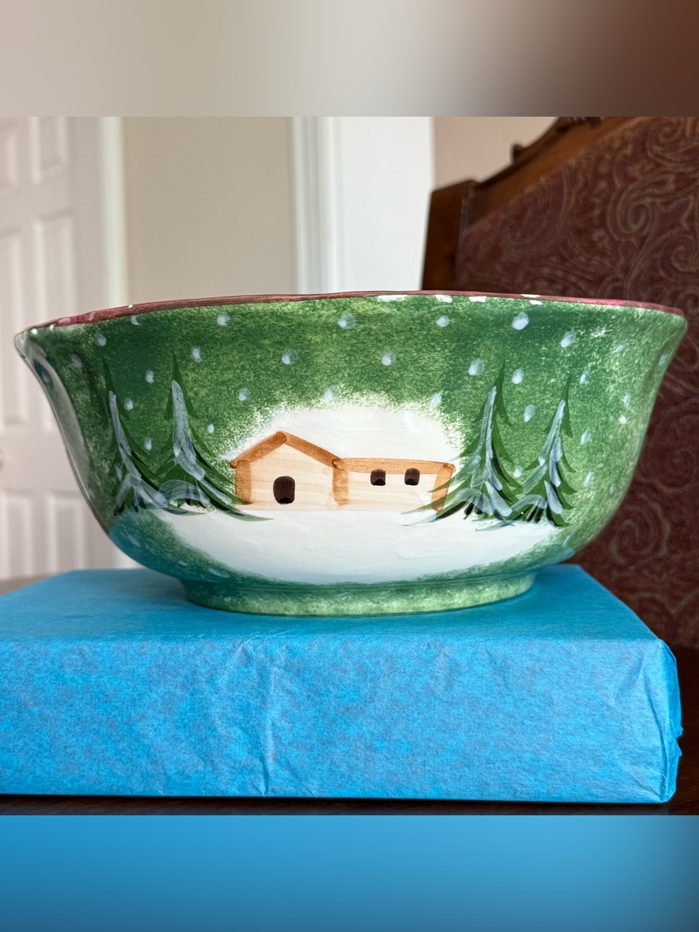 1997 The Cellar LOG CABIN Christmas Holiday 11" Large Salad Serving Bowl *READ*